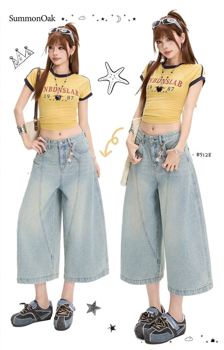 밝은색 7 점 아메리칸 레트로 루즈핏 모통이 칼 청바지 여성 여름 높음 거리 와이드 레그 팬츠 트렌디 상세 이미지 1