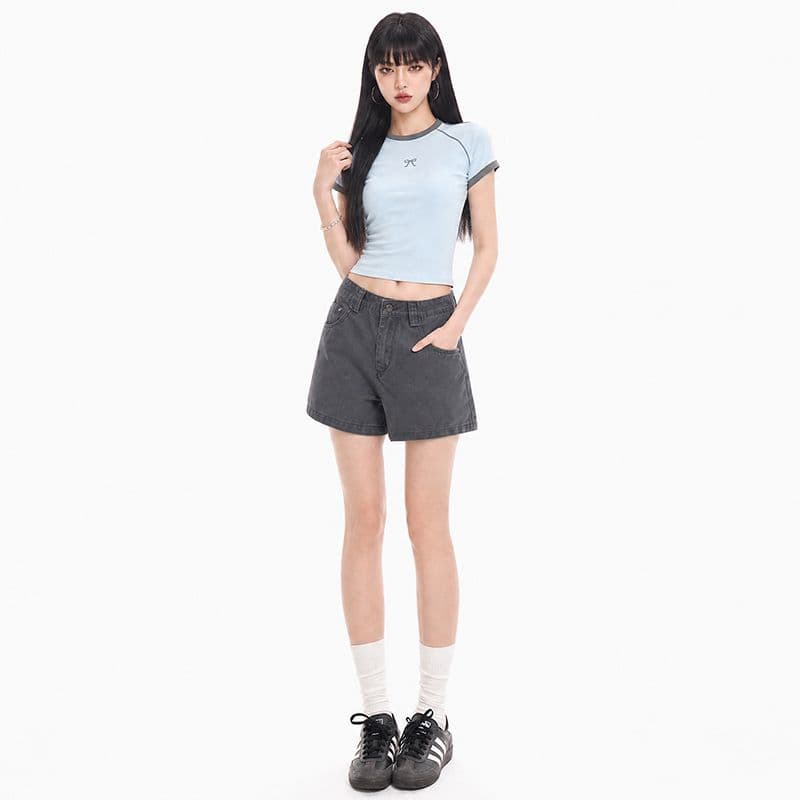 co 워시 퇴색 한 어두운 회색 스트레이트 청바지 품격 하이웨이스트 캐주얼 반바지 여성 한 마디 넓은 다리 청바지 이미지 4