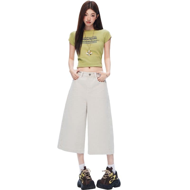 아메리칸 거리 단색 고급 센스 넓은 다리 7부 바지 여성 루즈핏 슬림해 보이는 모통이 칼 워크웨어 팬츠 이미지 5