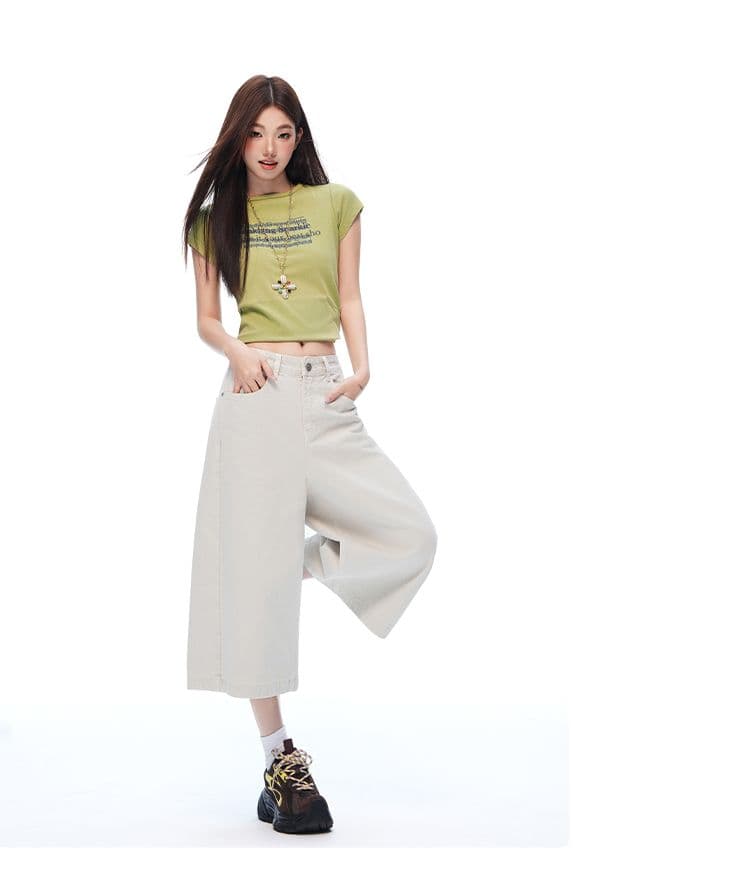 아메리칸 거리 단색 고급 센스 넓은 다리 7부 바지 여성 루즈핏 슬림해 보이는 모통이 칼 워크웨어 팬츠 상세 이미지 6