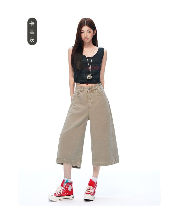 아메리칸 거리 단색 고급 센스 넓은 다리 7부 바지 여성 루즈핏 슬림해 보이는 모통이 칼 워크웨어 팬츠 상세 이미지 11
