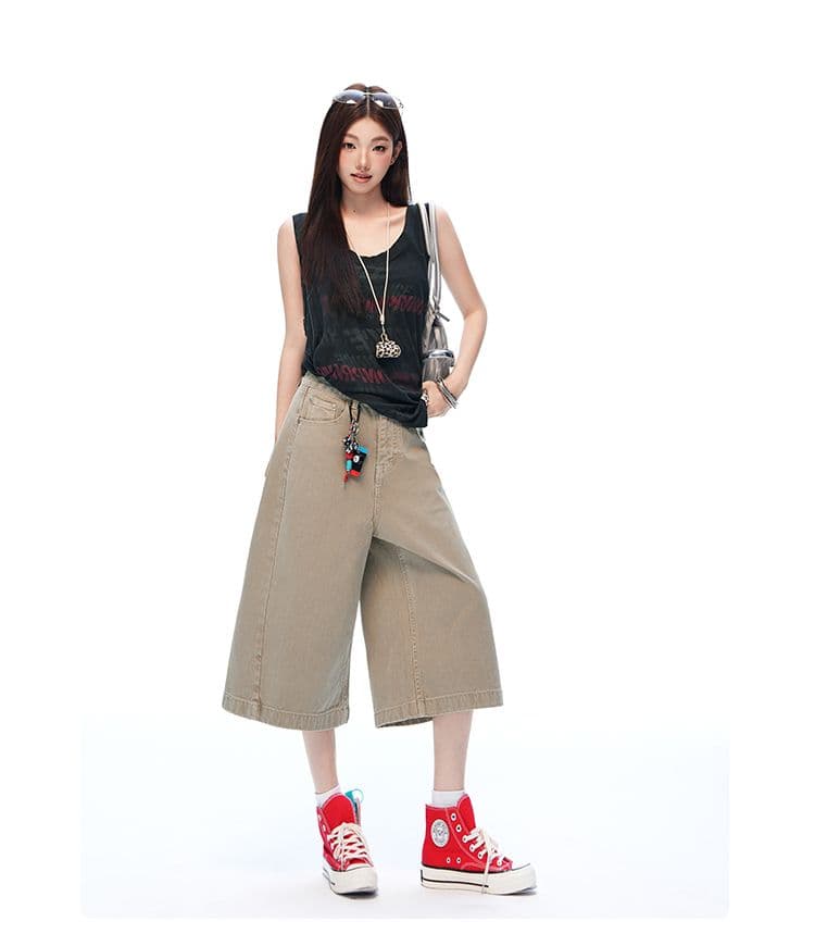 아메리칸 거리 단색 고급 센스 넓은 다리 7부 바지 여성 루즈핏 슬림해 보이는 모통이 칼 워크웨어 팬츠 상세 이미지 12