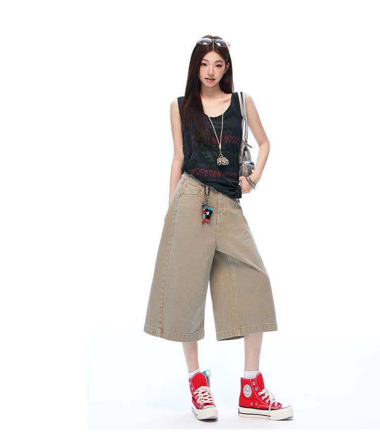 아메리칸 거리 단색 높음 거리 센스 넓은 다리 7부 바지 여성 루즈핏 슬림해 보이는 모통이 칼 워크웨어 팬츠 상세 이미지 7