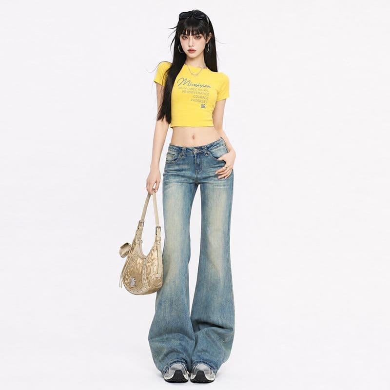 아메리칸 레트로 신축성 부츠컷 바지 로우 웨이스트 부츠컷 몸매 가꾸기 슬림해 보이는 핫걸 아니요 막대기 다리 데님 나팔 바지 이미지 2