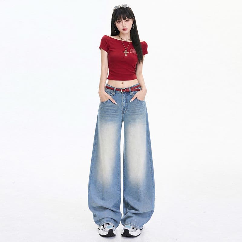 아메리칸 선 흔적 디자인 워싱 하늘색 연삭 백수 문지르다 모래 조금 누룩 연삭 루즈핏 넓은 다리 청바지 여성 이미지 3