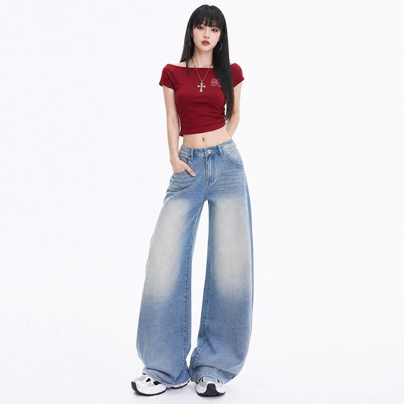 아메리칸 선 흔적 디자인 워싱 하늘색 연삭 백수 문지르다 모래 조금 누룩 연삭 루즈핏 넓은 다리 청바지 여성 이미지 2