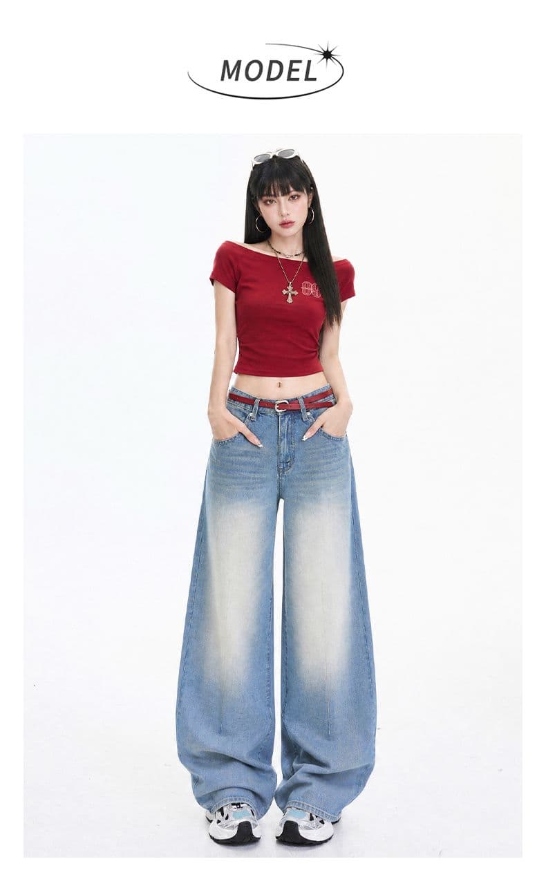 아메리칸 선 흔적 디자인 워싱 하늘색 연삭 백수 문지르다 모래 조금 누룩 연삭 루즈핏 넓은 다리 청바지 여성 상세 이미지 5