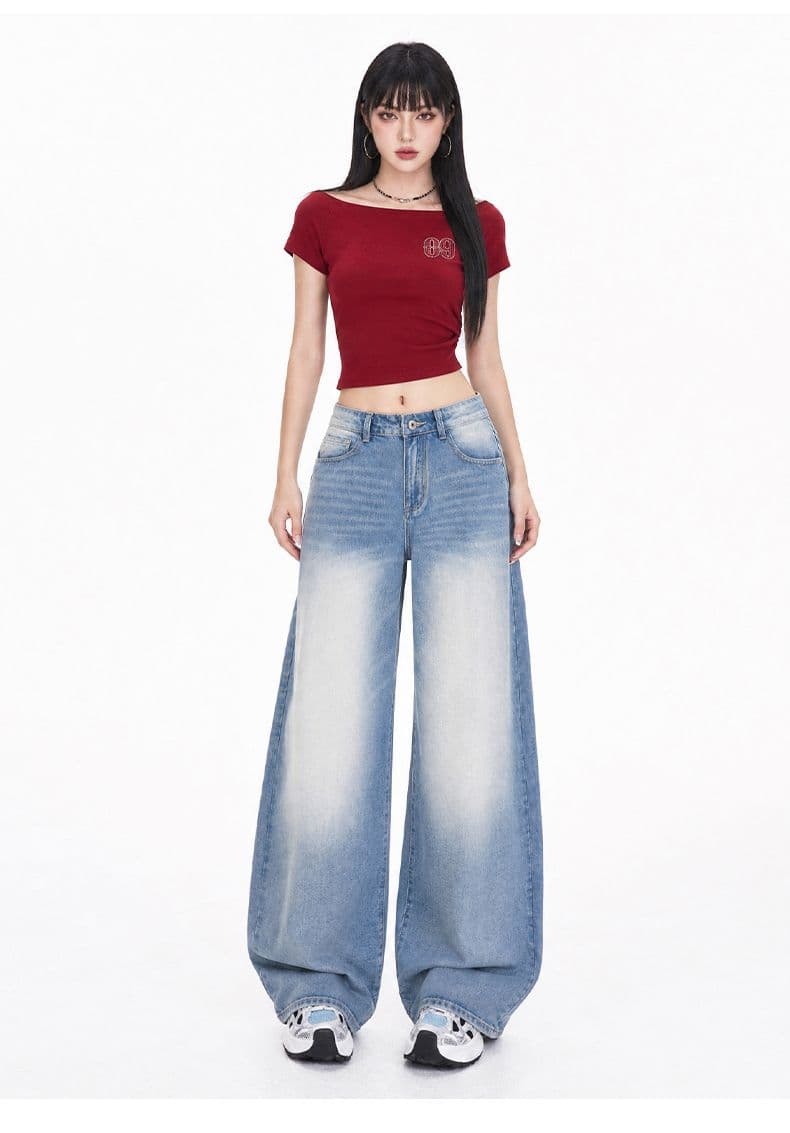 아메리칸 선 흔적 디자인 워싱 하늘색 연삭 백수 문지르다 모래 조금 누룩 연삭 루즈핏 넓은 다리 청바지 여성 상세 이미지 8