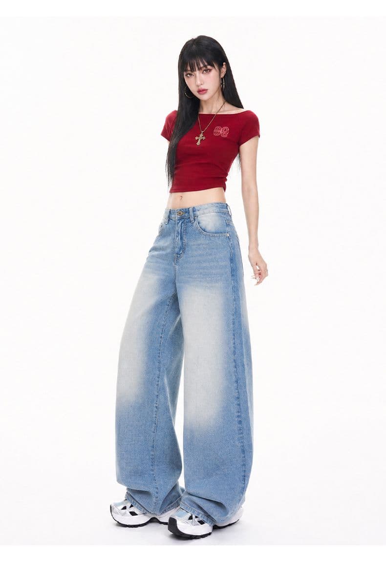 아메리칸 선 흔적 디자인 워싱 하늘색 연삭 백수 문지르다 모래 조금 누룩 연삭 루즈핏 넓은 다리 청바지 여성 상세 이미지 11