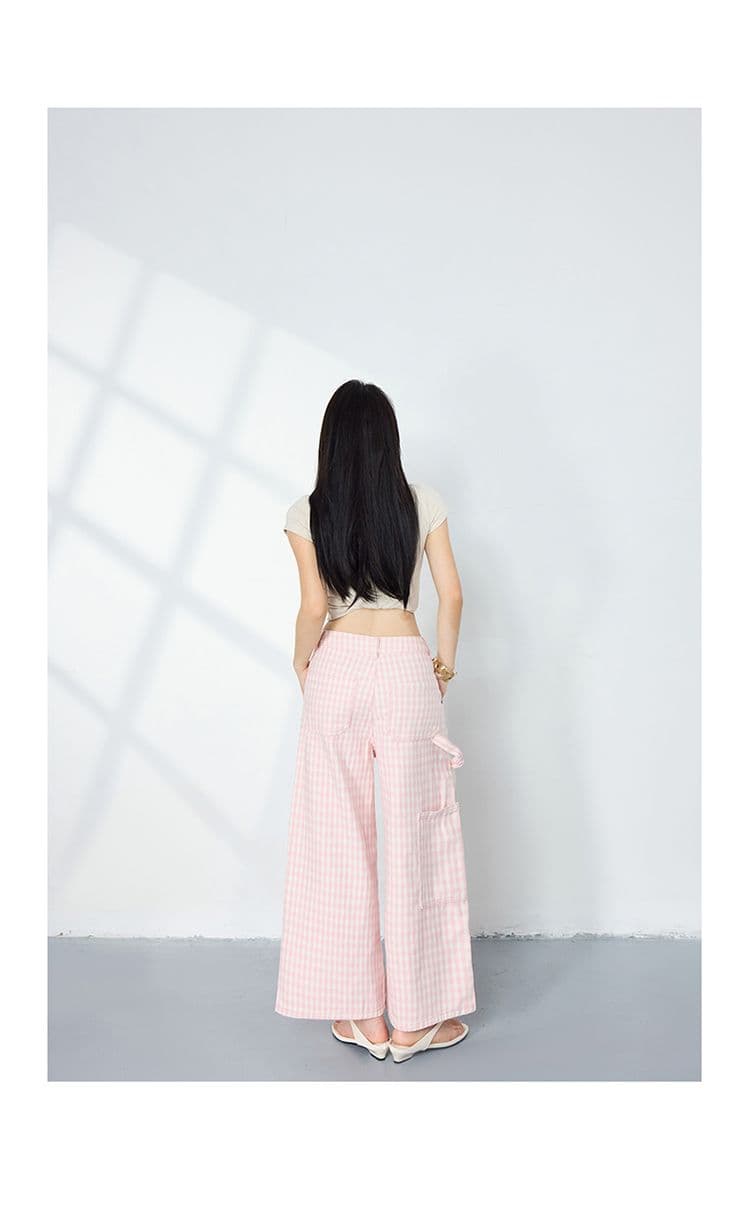 아메리칸 레트로 하이웨이스트 루즈핏 섹션 와이드 레그 팬츠 배색 체크무늬 9부 바지 봄 여름 스트레이트 청바지 여성 상세 이미지 12