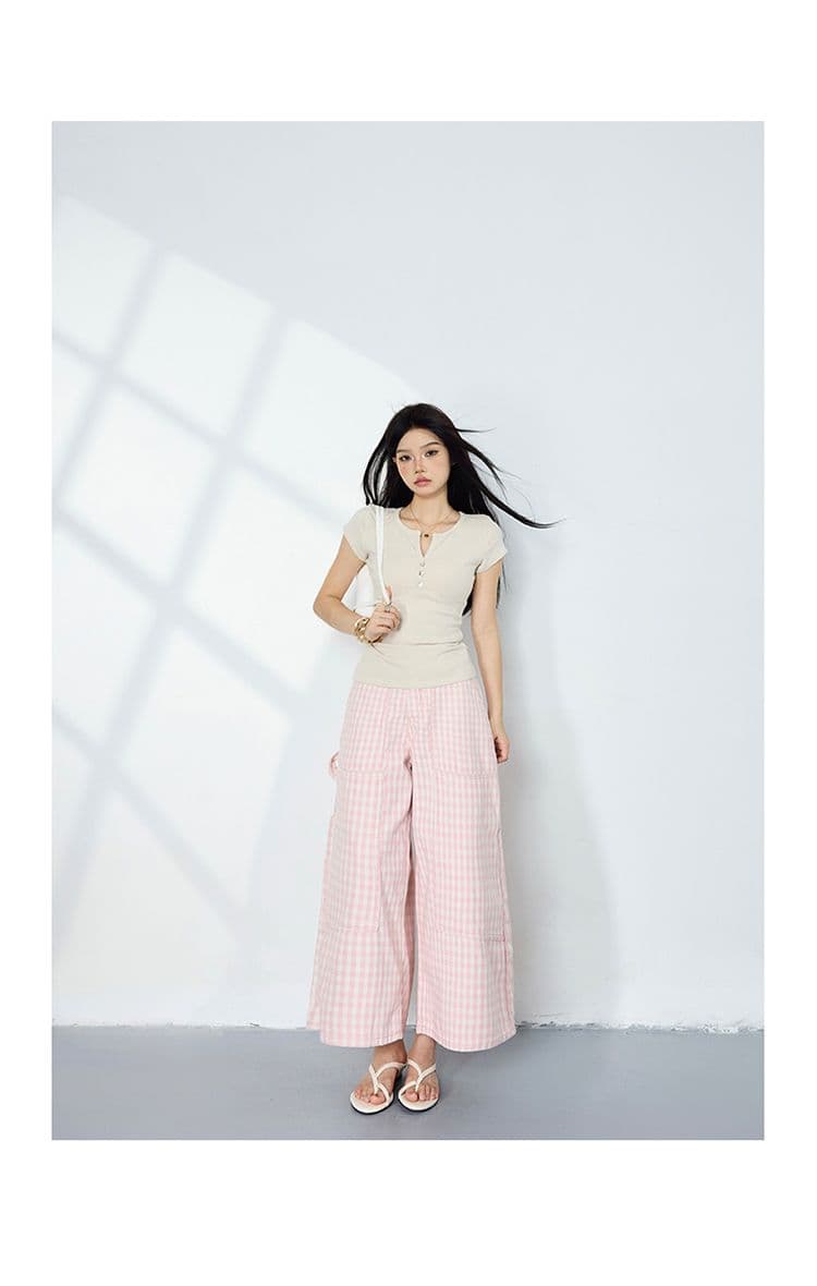 아메리칸 레트로 하이웨이스트 루즈핏 섹션 와이드 레그 팬츠 배색 체크무늬 9부 바지 봄 여름 스트레이트 청바지 여성 상세 이미지 13