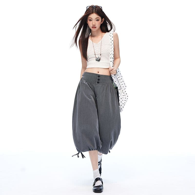 도루 센스 주름 루즈핏 넓은 다리 꽃밭 바지 펌프 로프 조거 바지 여름 새로운 7부 바지 이미지 2