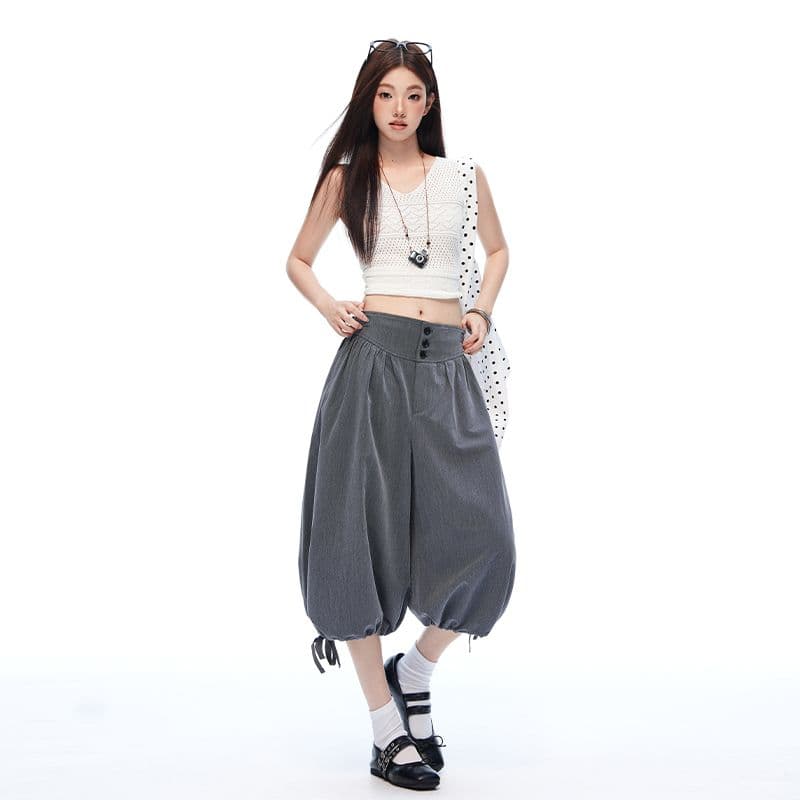 도루 센스 주름 루즈핏 넓은 다리 꽃밭 바지 펌프 로프 조거 바지 여름 새로운 7부 바지