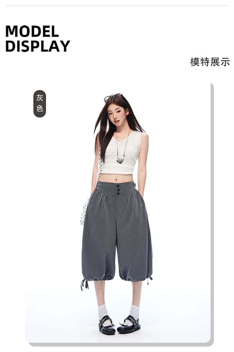 도루 센스 주름 루즈핏 넓은 다리 꽃밭 바지 펌프 로프 조거 바지 여름 새로운 7부 바지 상세 이미지 4