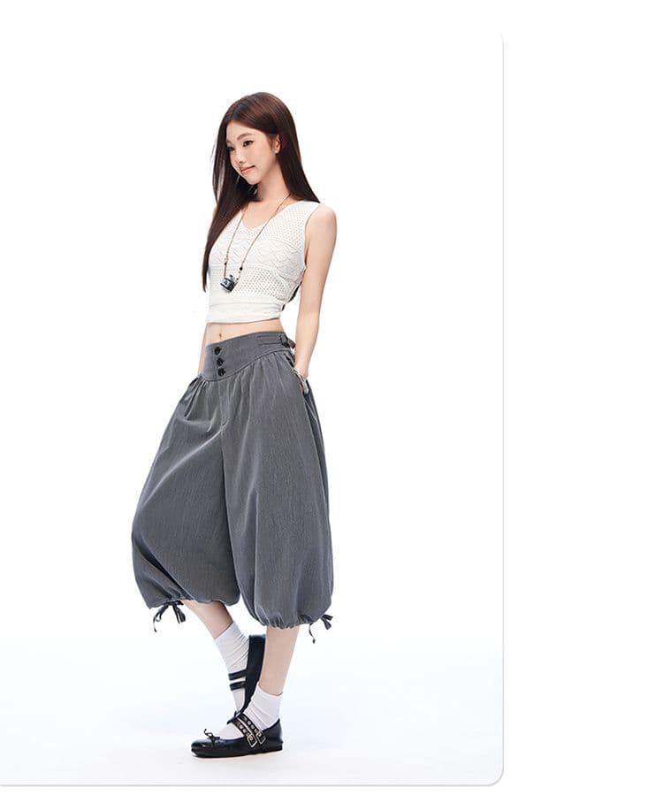 도루 센스 주름 루즈핏 넓은 다리 꽃밭 바지 펌프 로프 조거 바지 여름 새로운 7부 바지 상세 이미지 5