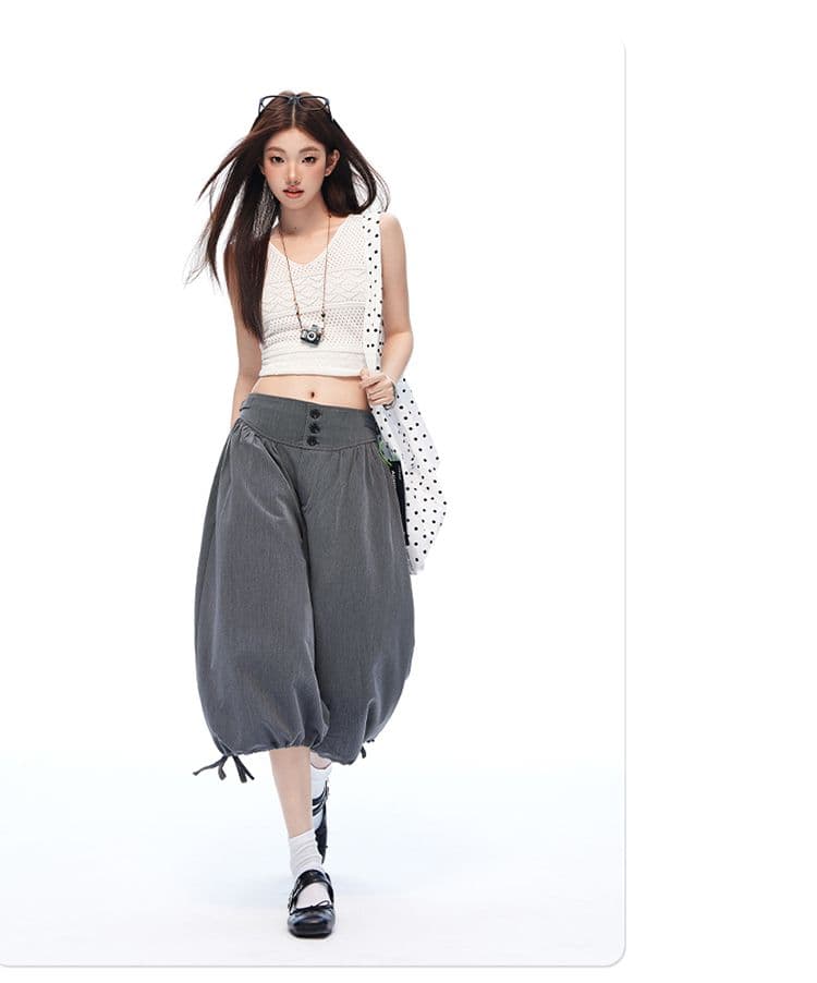 도루 센스 주름 루즈핏 넓은 다리 꽃밭 바지 펌프 로프 조거 바지 여름 새로운 7부 바지 상세 이미지 12