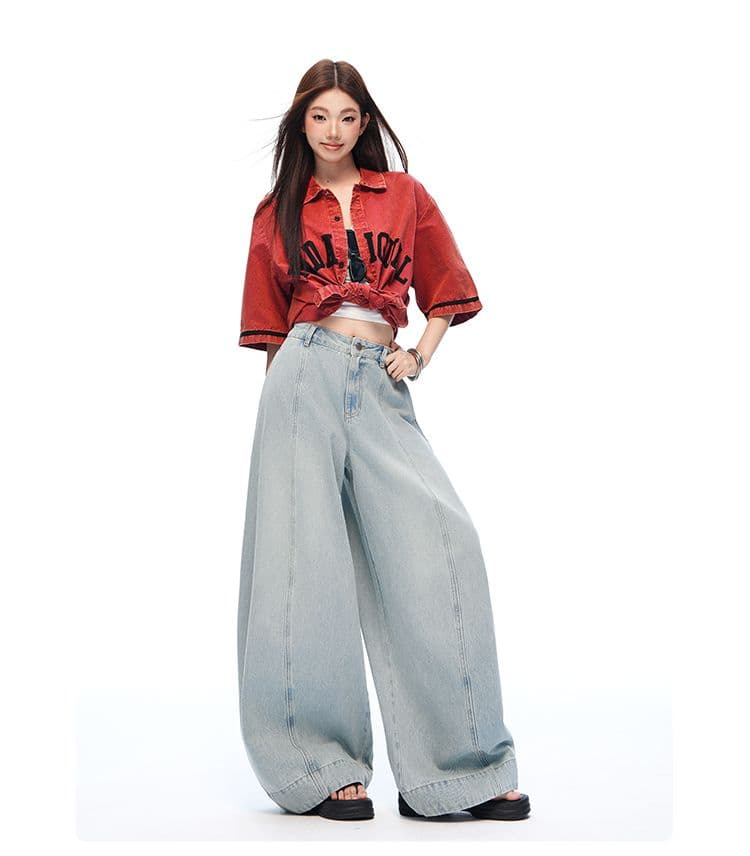 아메리칸 레트로 분할 디자인 센스 넓은 다리 슬림해 보이는 다용도 바다 소금 데님 카람 볼라 바지 상세 이미지 8