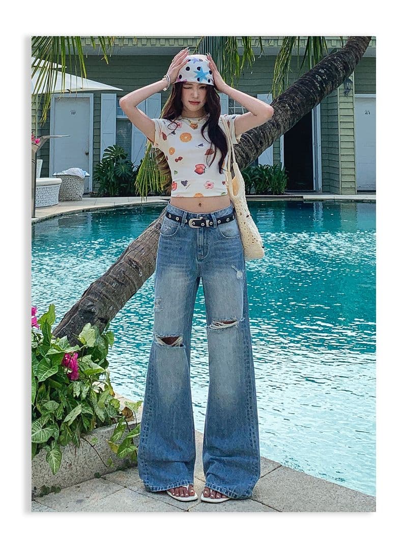 여름 새로운 그라인딩 홀 마이크로 나팔 청바지 여성 슬림해 보이는 디스플레이 길다 루즈핏 밝은색 다용도 호스 슈 바지 여성 상세 이미지 12