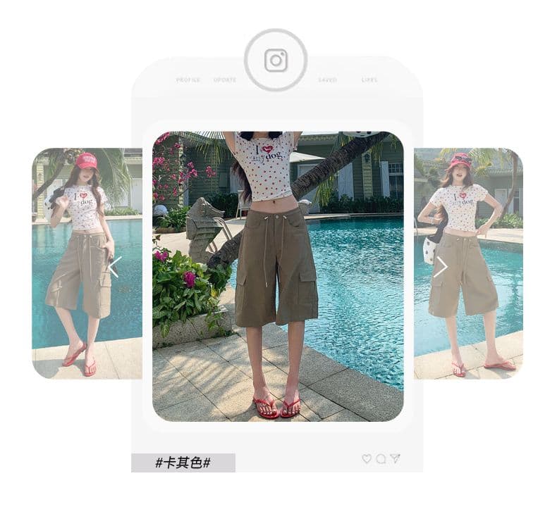 여름 새로운 워크웨어 빅 포켓 하이웨이스트 넓은 다리 루즈핏 오부 바지 반바지 캐주얼 바지 허리밴드 상세 이미지 17