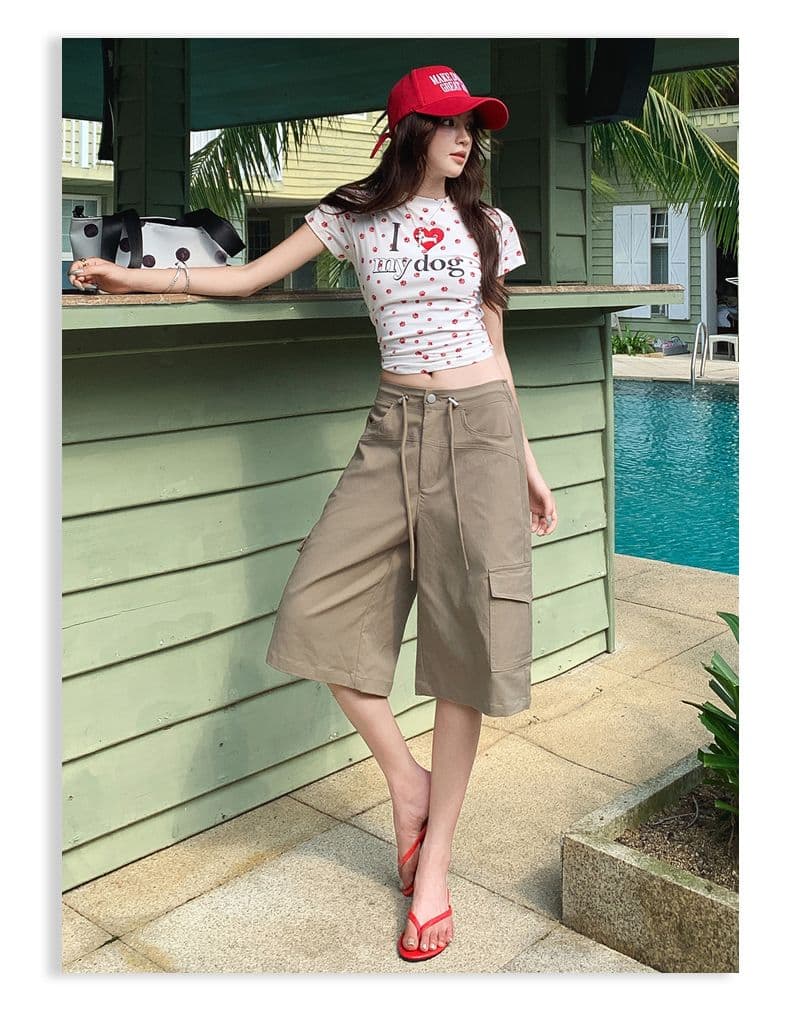 여름 새로운 워크웨어 빅 포켓 하이웨이스트 넓은 다리 루즈핏 오부 바지 반바지 캐주얼 바지 허리밴드 상세 이미지 23