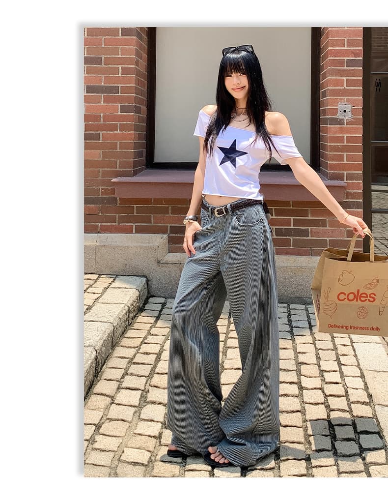 여름 아메리칸 레트로 스트라이프 원단 루즈핏 스트레이트 넓은 다리 청바지 여성 상세 이미지 9