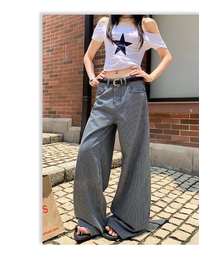 여름 아메리칸 레트로 스트라이프 원단 루즈핏 스트레이트 넓은 다리 청바지 여성 상세 이미지 14
