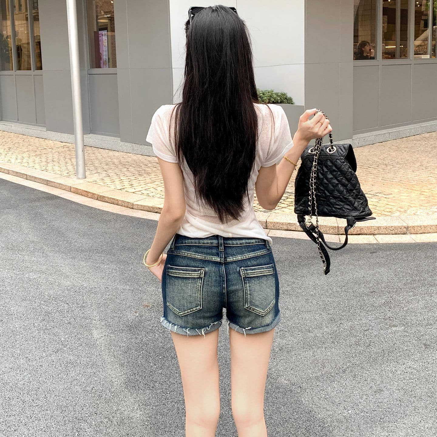 아메리칸 레트로 워시 물 마 오래된 뒤집다 측면 데님 반바지 여성 이미지 3