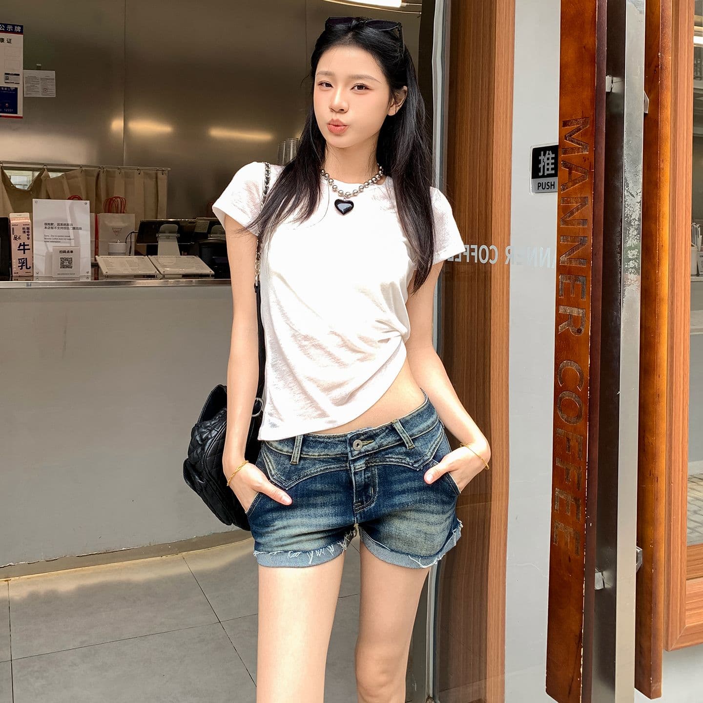 아메리칸 레트로 워시 물 마 오래된 뒤집다 측면 데님 반바지 여성