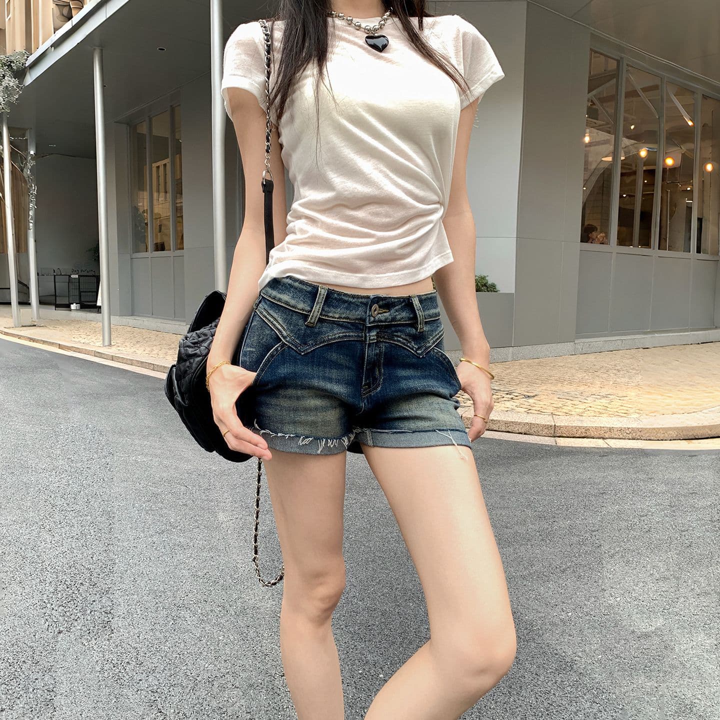 아메리칸 레트로 워시 물 마 오래된 뒤집다 측면 데님 반바지 여성 이미지 4