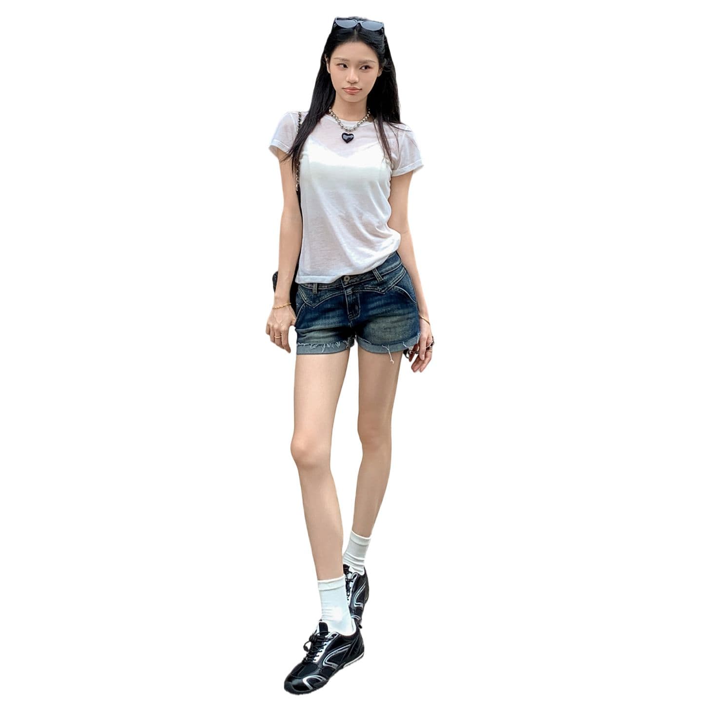 아메리칸 레트로 워시 물 마 오래된 뒤집다 측면 데님 반바지 여성 이미지 5