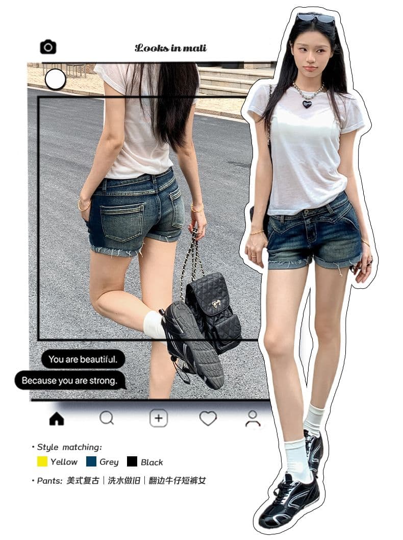 아메리칸 레트로 워시 물 마 오래된 뒤집다 측면 데님 반바지 여성 상세 이미지 1