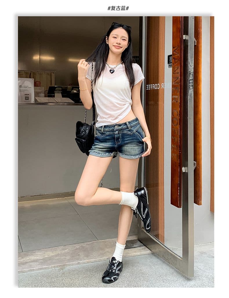 아메리칸 레트로 워시 물 마 오래된 뒤집다 측면 데님 반바지 여성 상세 이미지 7
