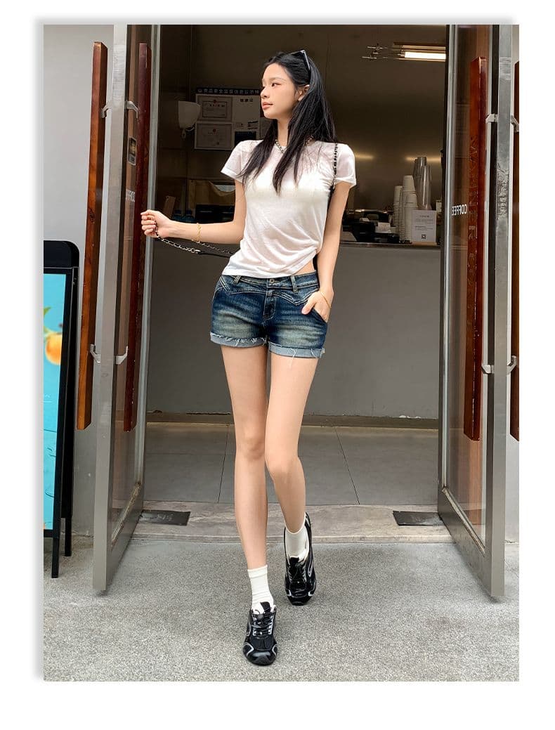 아메리칸 레트로 워시 물 마 오래된 뒤집다 측면 데님 반바지 여성 상세 이미지 8