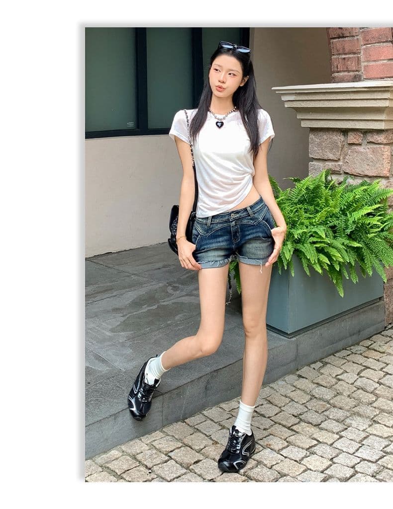 아메리칸 레트로 워시 물 마 오래된 뒤집다 측면 데님 반바지 여성 상세 이미지 9