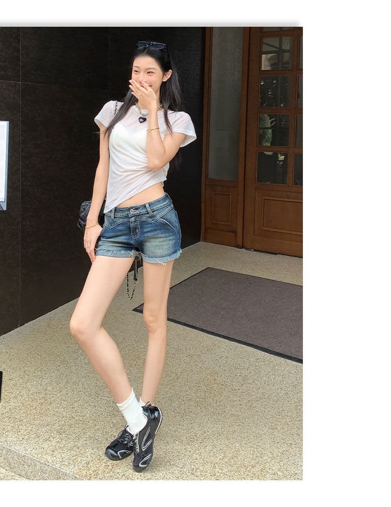 아메리칸 레트로 워시 물 마 오래된 뒤집다 측면 데님 반바지 여성 상세 이미지 10