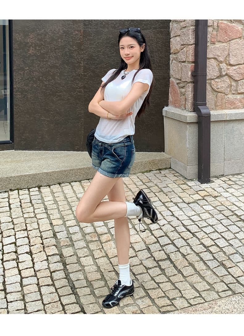 아메리칸 레트로 워시 물 마 오래된 뒤집다 측면 데님 반바지 여성 상세 이미지 11