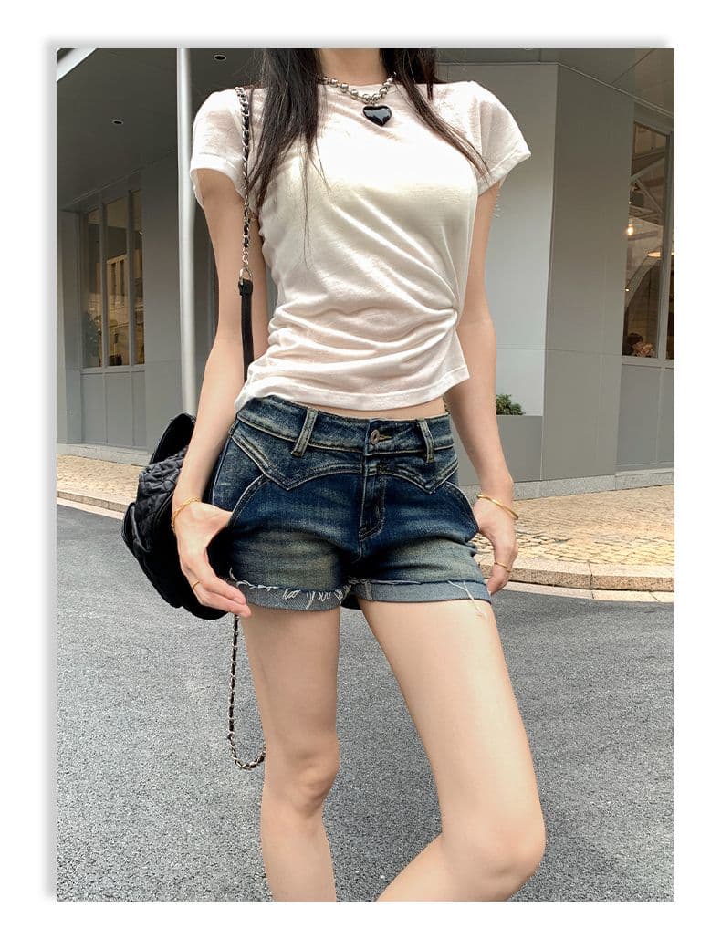 아메리칸 레트로 워시 물 마 오래된 뒤집다 측면 데님 반바지 여성 상세 이미지 13