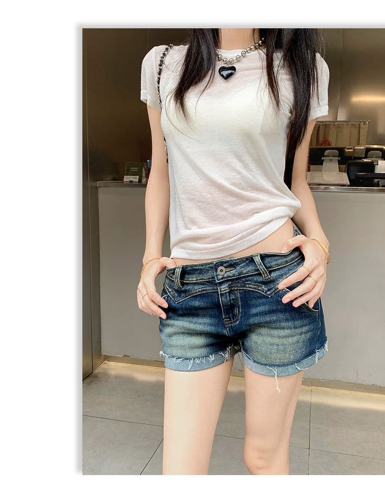 아메리칸 레트로 워시 물 마 오래된 뒤집다 측면 데님 반바지 여성 상세 이미지 14