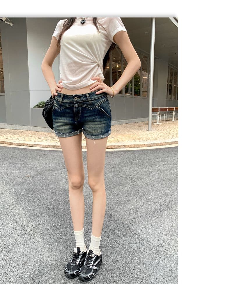 아메리칸 레트로 워시 물 마 오래된 뒤집다 측면 데님 반바지 여성 상세 이미지 15