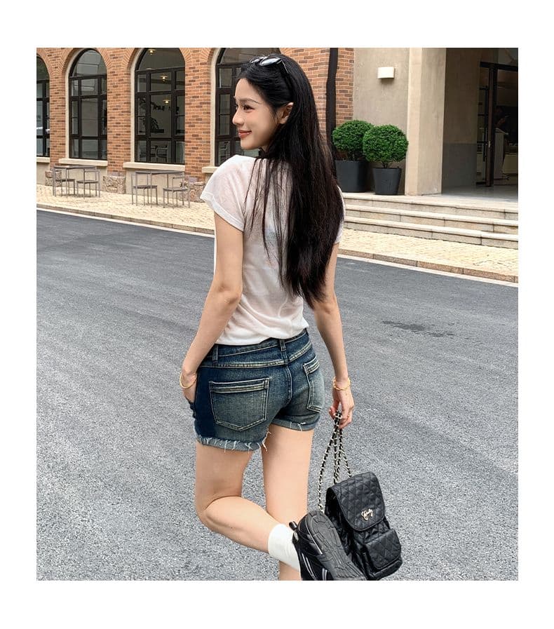 아메리칸 레트로 워시 물 마 오래된 뒤집다 측면 데님 반바지 여성 상세 이미지 16
