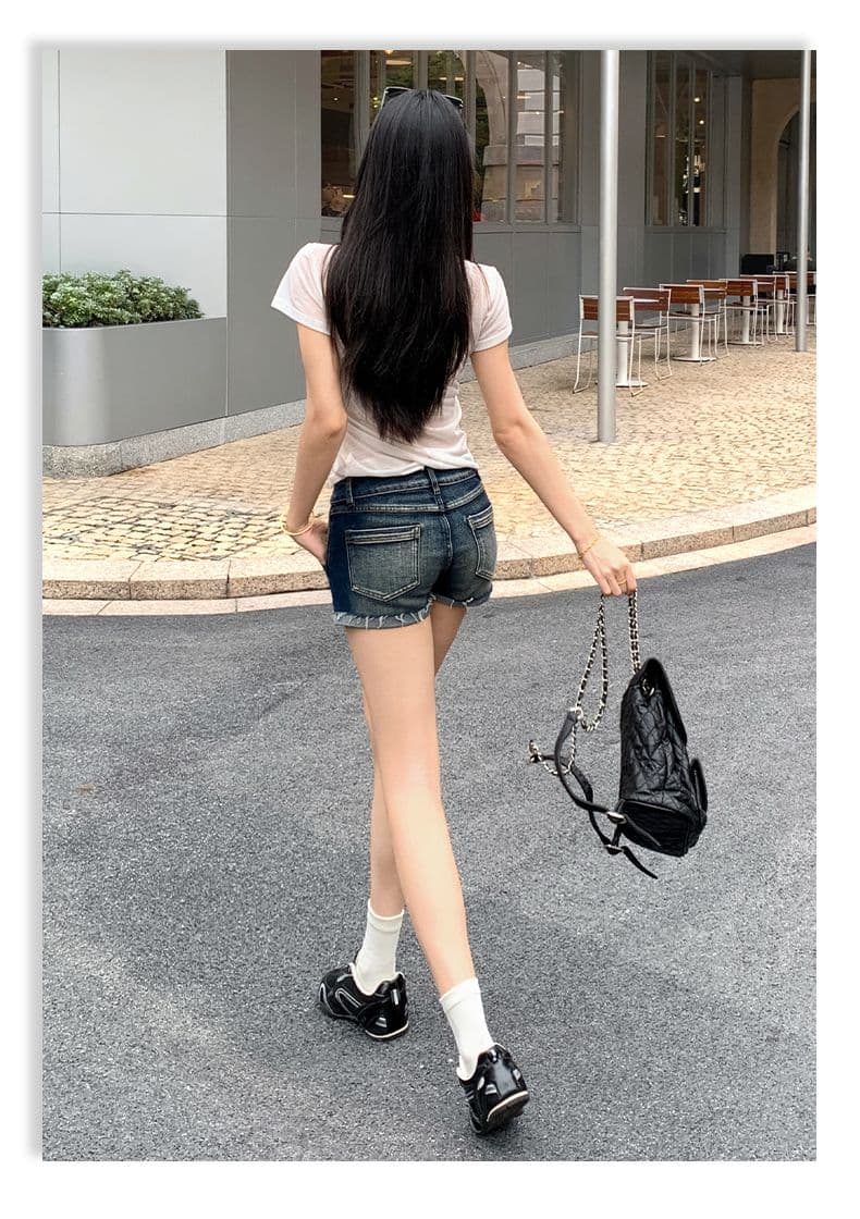 아메리칸 레트로 워시 물 마 오래된 뒤집다 측면 데님 반바지 여성 상세 이미지 20