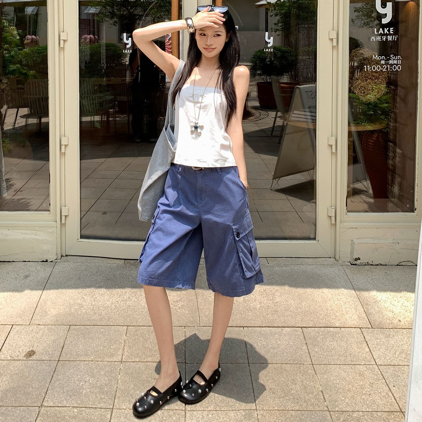 아메리칸 레트로 법 일 블루 빅 포켓 루즈핏 데님 다섯 노동 분업 바지 여성 이미지 2
