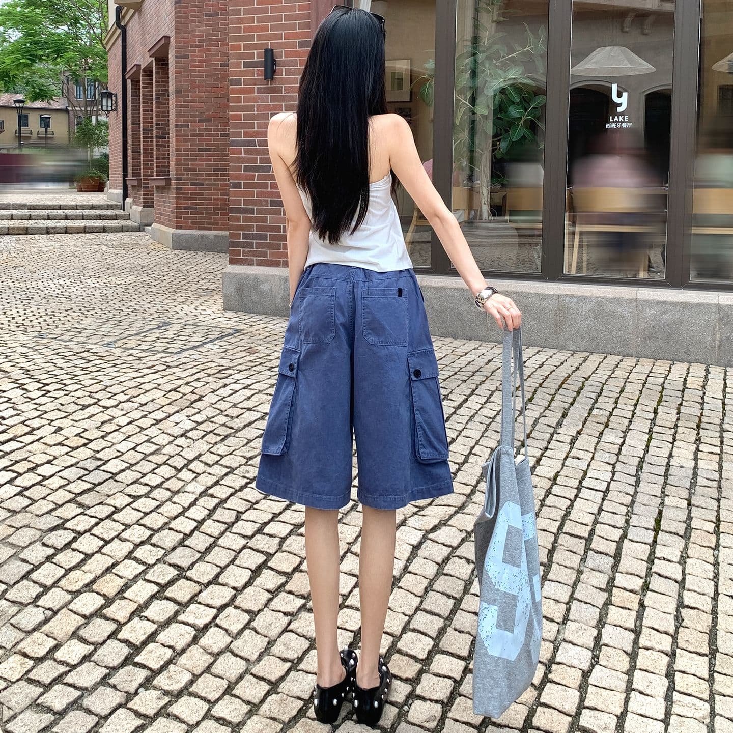 아메리칸 레트로 법 일 블루 빅 포켓 루즈핏 데님 다섯 노동 분업 바지 여성 이미지 3