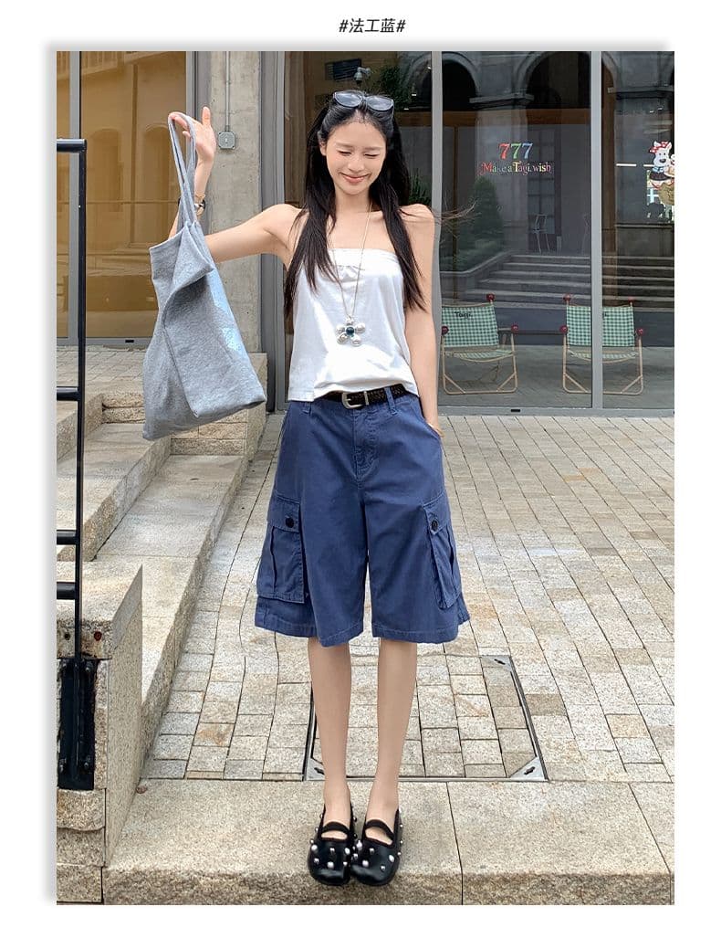 아메리칸 레트로 법 일 블루 빅 포켓 루즈핏 데님 다섯 노동 분업 바지 여성 상세 이미지 6