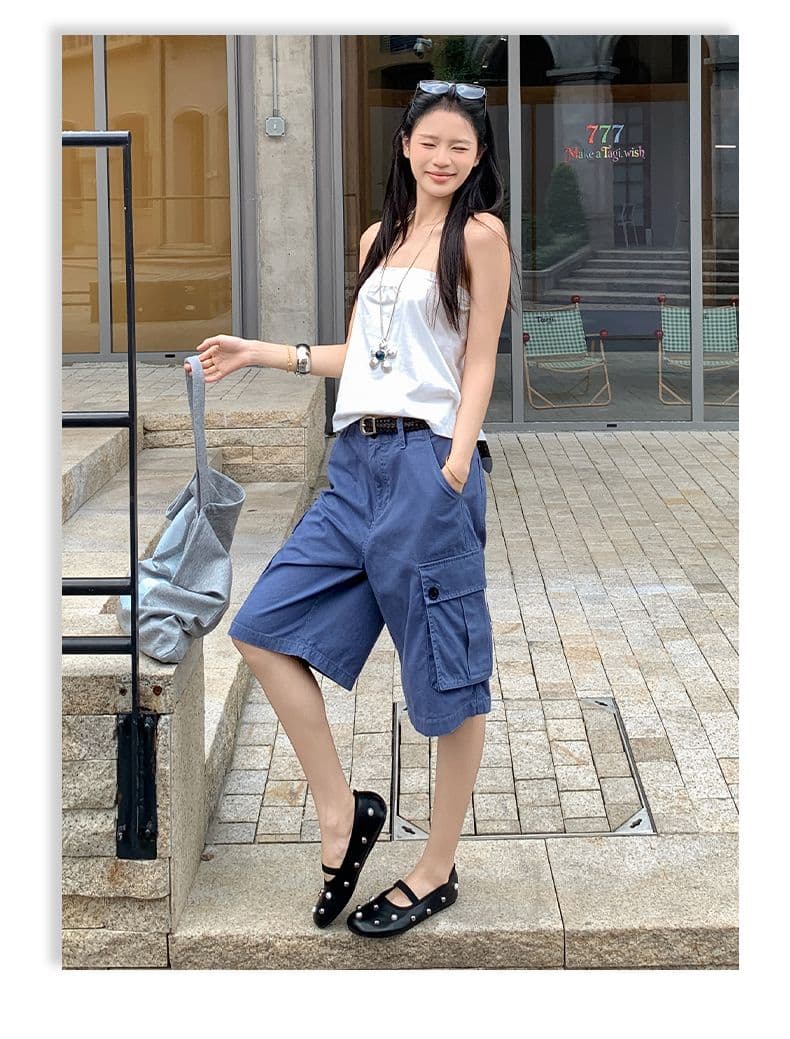 아메리칸 레트로 법 일 블루 빅 포켓 루즈핏 데님 다섯 노동 분업 바지 여성 상세 이미지 7