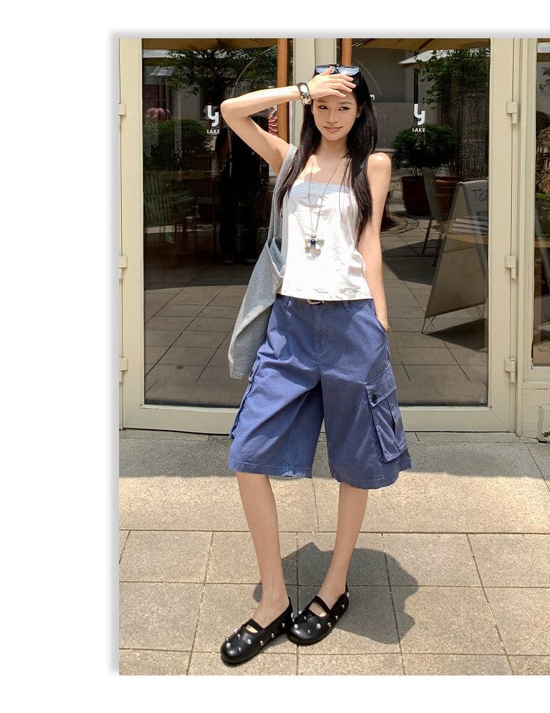 아메리칸 레트로 법 일 블루 빅 포켓 루즈핏 데님 다섯 노동 분업 바지 여성 상세 이미지 8