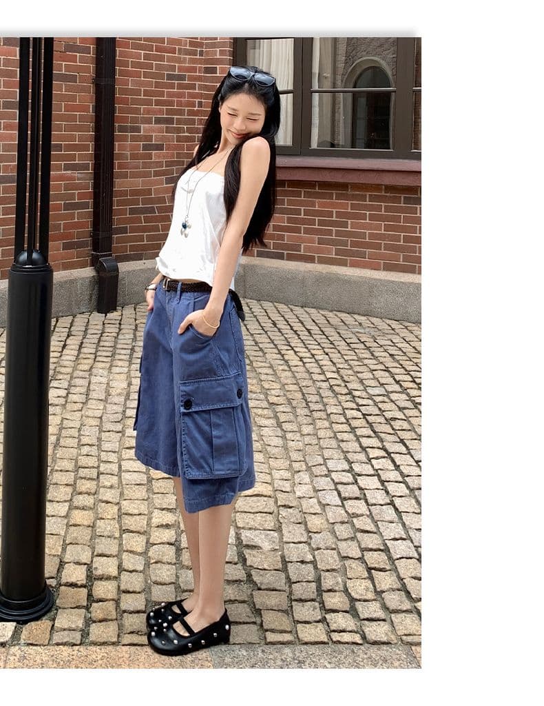 아메리칸 레트로 법 일 블루 빅 포켓 루즈핏 데님 다섯 노동 분업 바지 여성 상세 이미지 9