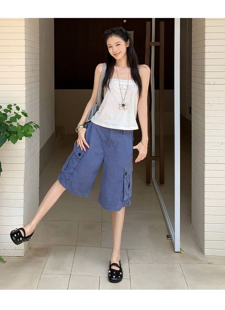 아메리칸 레트로 법 일 블루 빅 포켓 루즈핏 데님 다섯 노동 분업 바지 여성 상세 이미지 10
