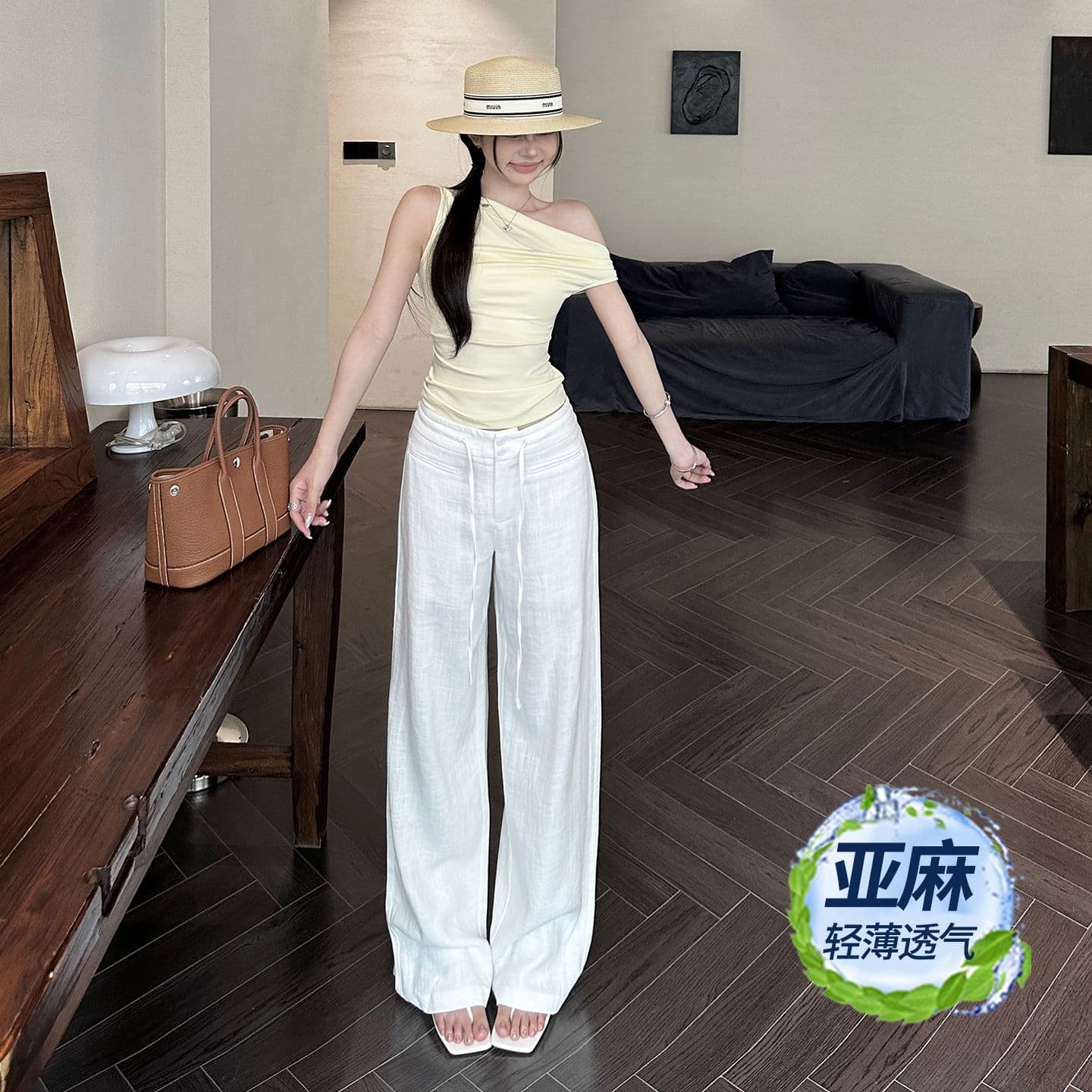 아메리칸 레트로 루즈핏 와이드 레그 팬츠 다용도 펌프 로프 면 린넨 얇고 가벼운 통기성 아마 스트레이트 캐주얼 바지 여성 이미지 4