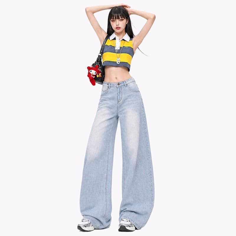 레트로 파리 버클 아메리칸 루즈핏 와이드 레그 팬츠 이후 부서 버클 디자인 센스 수 있습니다. 조정 모통이 칼 바지 청바지 여성 이미지 3